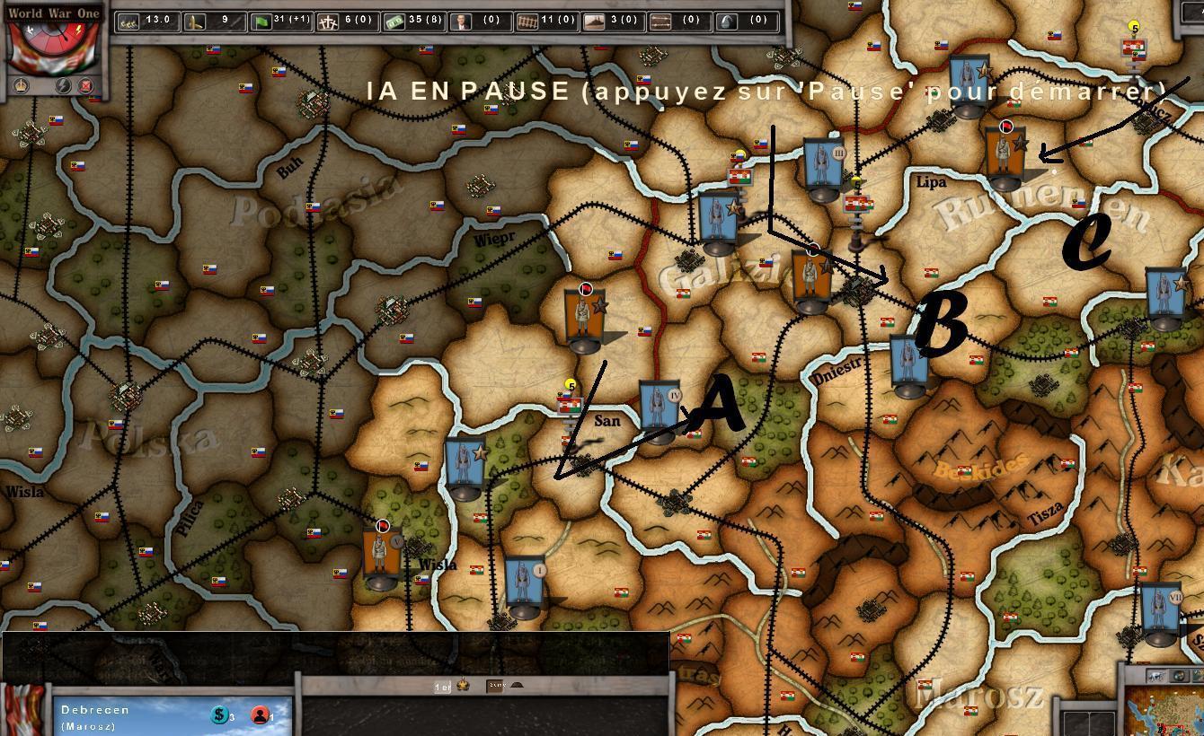 Le front Est aprés les mouvements russes. En A: Bataille gagnée par les AH, en C: Bataille perdue par l'AH, en B: Mouvement entre mes lignes